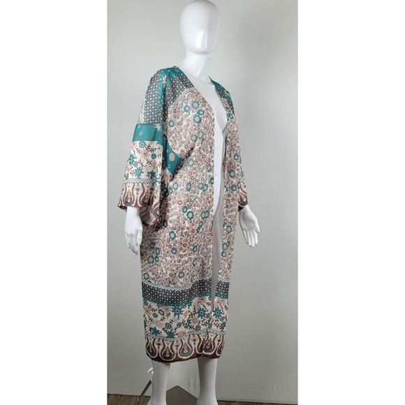 Unbranded Sweaters - Kimono Cardigan Women One Size Teal Floral Paisley Longline Excellent